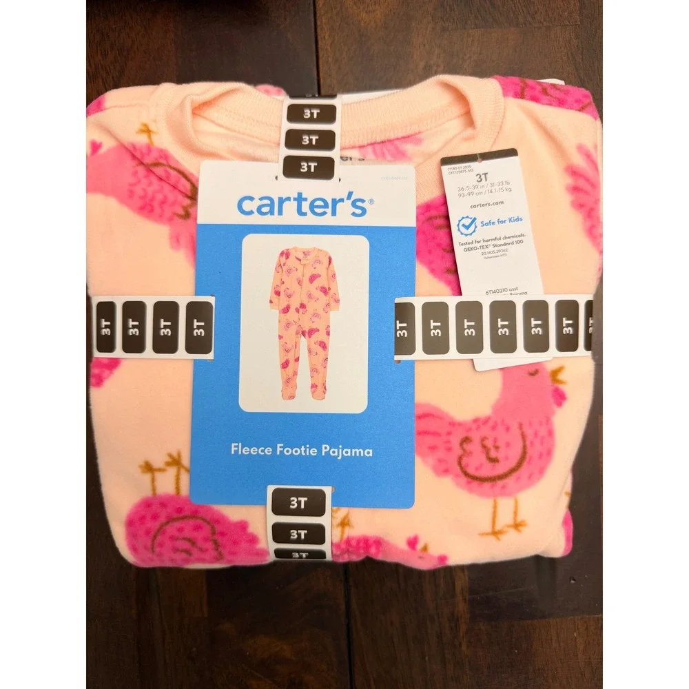 Carter's Fleece Footie Pajama Toddler Girl 3T Peach Pink Bird Print NWT